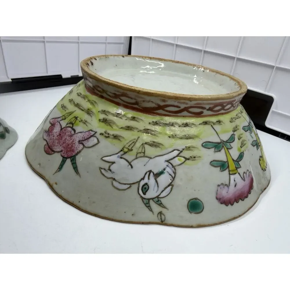 3 Antique Chinese Famille Rose Porcelain Bowl & Scalloped Dishes Set Turquoise